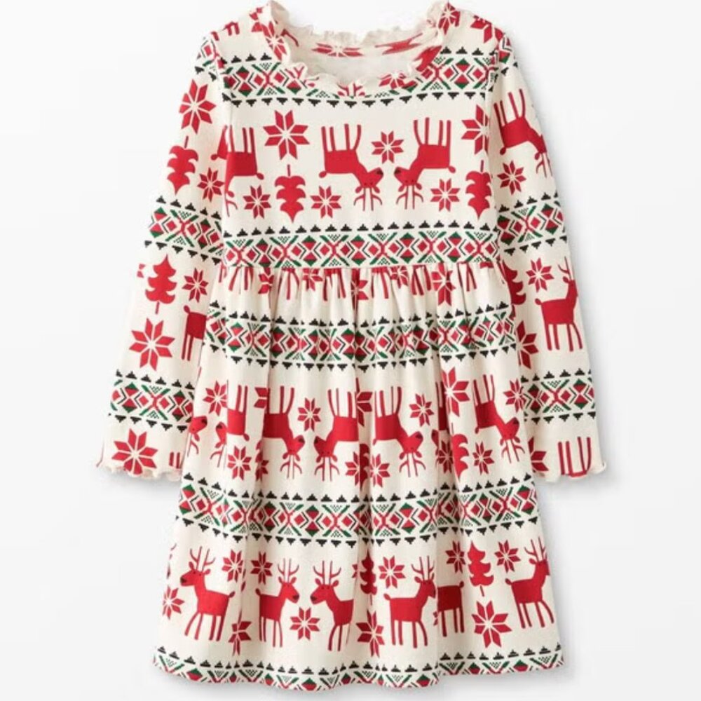Hanna Andersson Holiday Print Rib long sleeve dress size 10 (140) ivory red, EUC